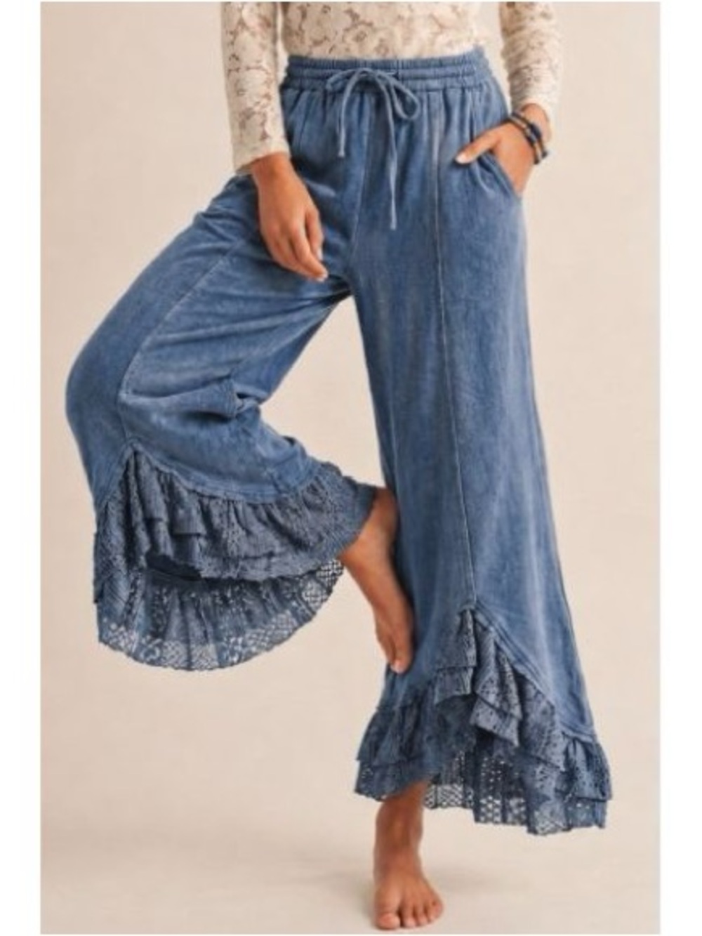 BRAND NEW WITH TAGS Mineral Wash Lace Ruffle Wide Leg Pants